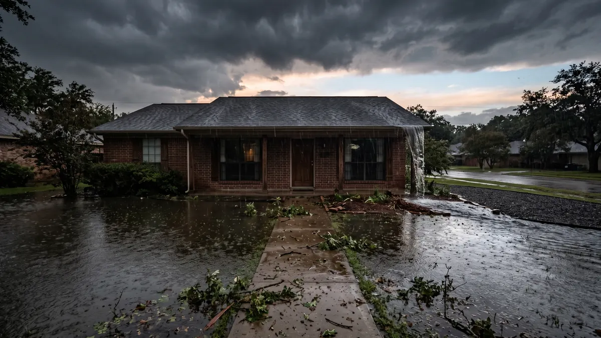Rain overflowing a gutter in a sheet onto a flooded flowerbed during a storm